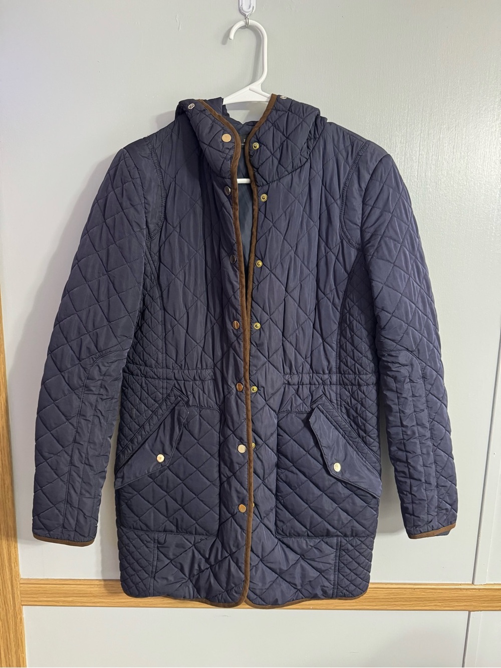 Zara Navy Quilted Puffer Coat with Brown Trim Size Small